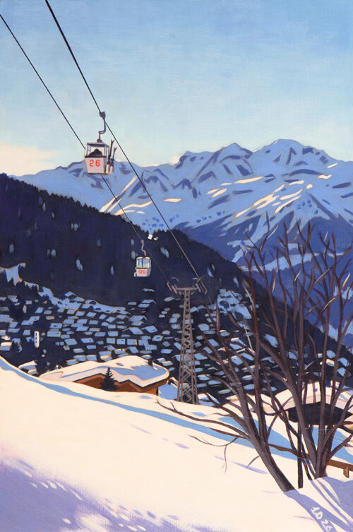 Painting of the Savoleyres Télécabine in Verbier Switzerland by Lucy Dunnett