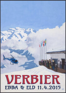 Acrylic painting of Chalet Blanc, Verbier, Switzerland by UK artist, Lucy Dunnett