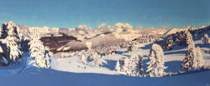 Acrylic ski painting of La Tzoumaz, 4 Valleys, Switzerland by UK artist Lucy Dunnett