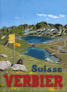 Acrylic painting of Lac de Vaux in Summer, Verbier by UK artist Lucy Dunnett