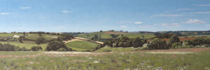 An acrylic landscape painting of the Somerset countryside near Bath by UK artist Lucy Dunnett