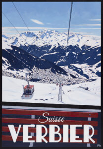 Acrylic painting of Verbier Switzerland as viewed from the Savoleyres télécabine by artist Lucy Dunnett
